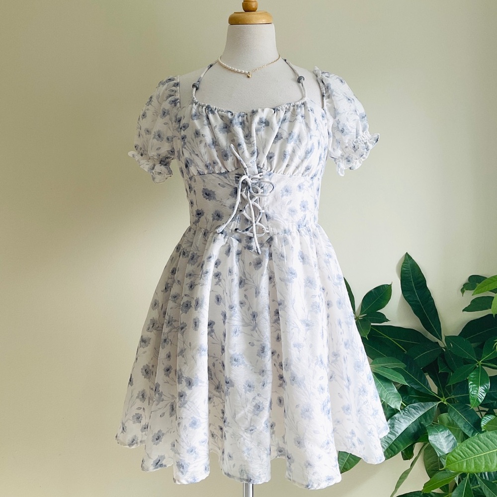 Lace-Up White Mini Dress with Light Blue Floral Print
